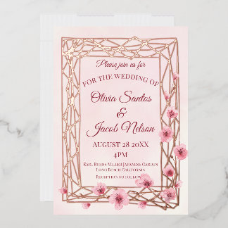 Watercolor Cherry Blossoms on a Rose Gold Trellis Foil Invitation