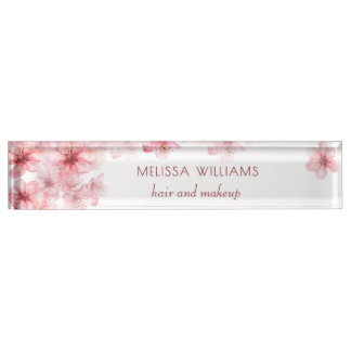 Watercolor Cherry Blossoms Pink Floral Desk Name Plate