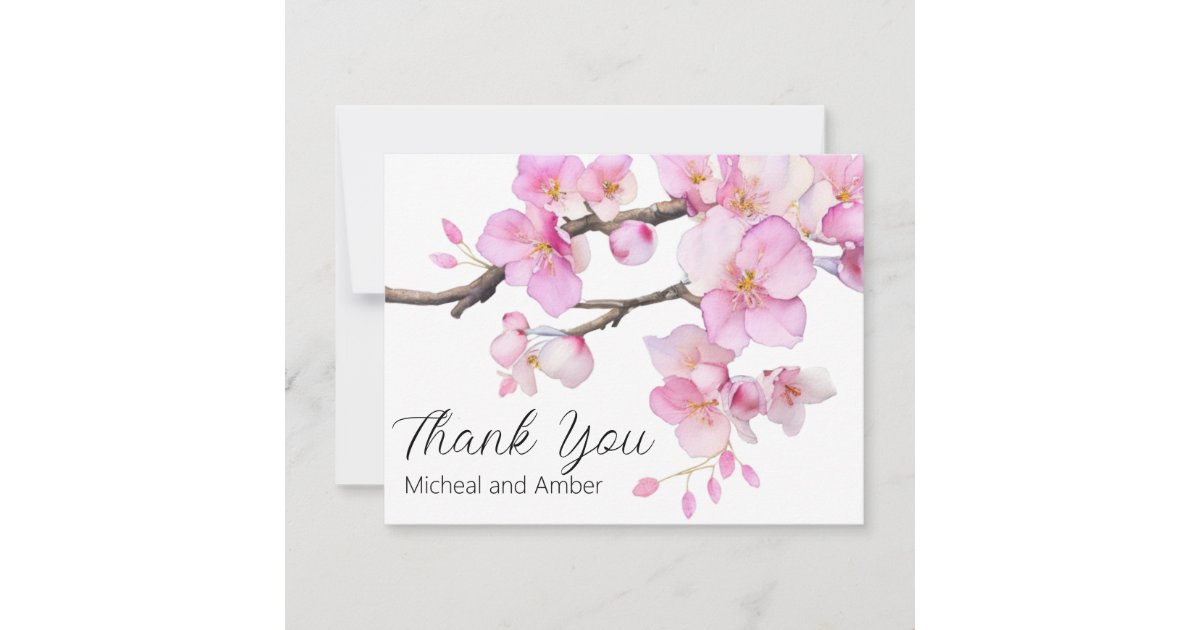 Watercolor cherry blossoms pink floral script thank you card | Zazzle