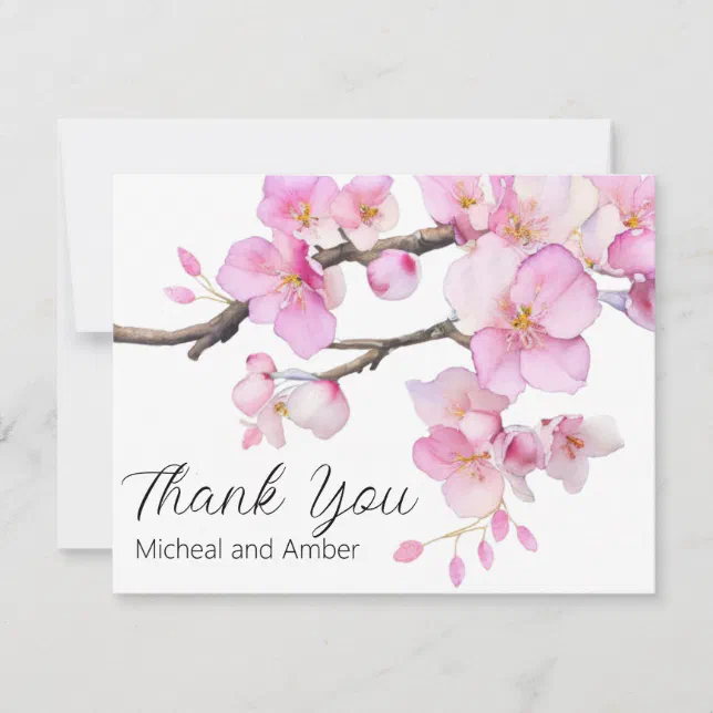 Watercolor cherry blossoms pink floral script thank you card | Zazzle