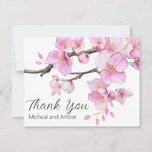 Watercolor cherry blossoms pink floral script thank you card