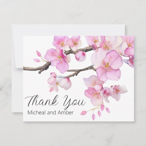 Watercolor cherry blossoms pink floral script  thank you card