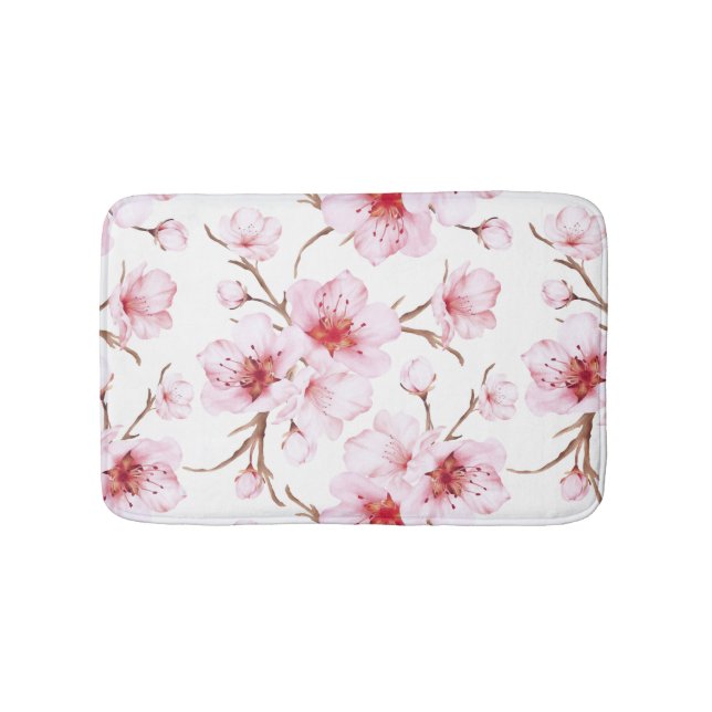  Watercolor Cherry Blossoms Pink White Bath Mat (Front)
