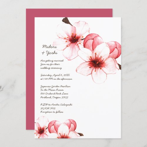 Watercolor Cherry Blossoms Pink White Wedding Invi Invitation