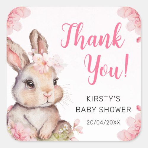 Watercolor Cherry Blossoms Rabbit Baby Shower Square Sticker