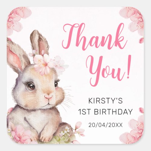 Watercolor Cherry Blossoms Rabbit Birthday Square Sticker