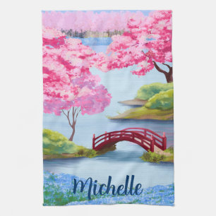 Watercolor Cherry Blossoms Spring Japanese Garden Kitchen Towel