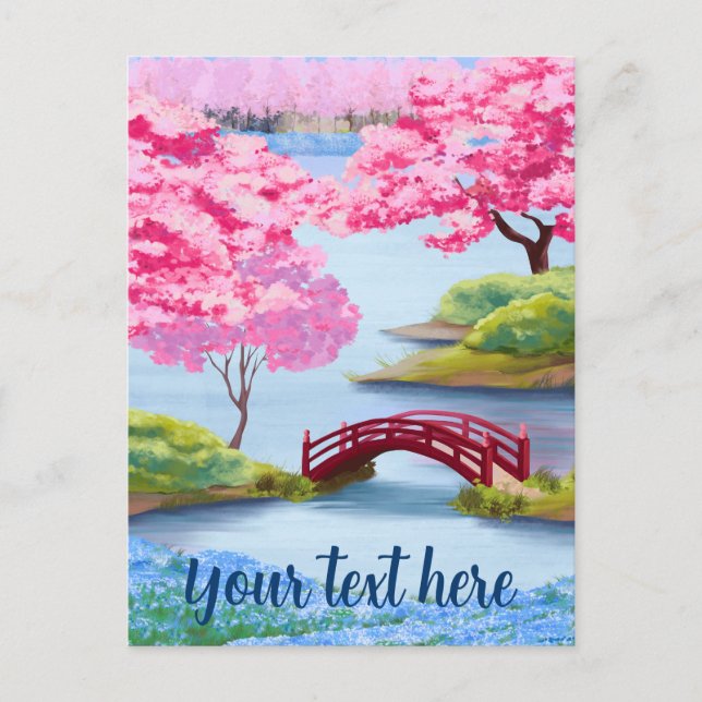 Watercolor Cherry Blossoms Spring Japanese Garden Postcard (Front)