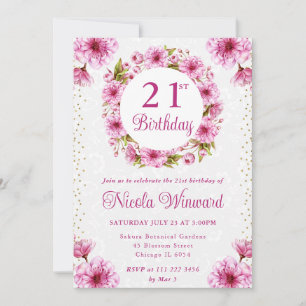 Watercolor Cherry Blossoms Wreath Birthday Invitation