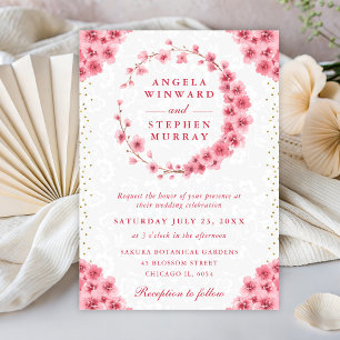 Watercolor Cherry Blossoms Wreath Wedding Invitation