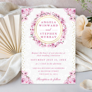 Watercolor Cherry Blossoms Wreath Wedding Invitation
