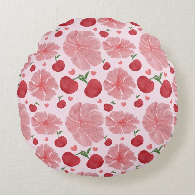 Watercolor Cherry Floral Pattern, Cute Cherries  Round Pillow (Front)