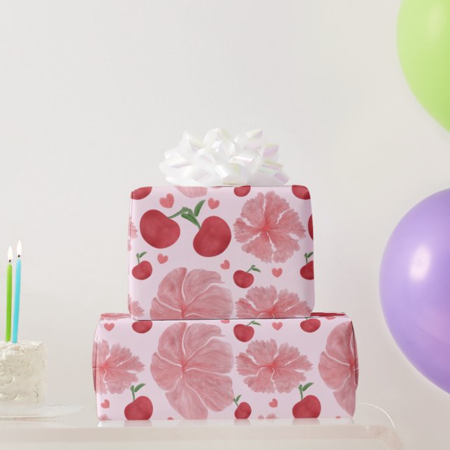 Watercolor Cherry Floral Pattern, Cute Cherries  Wrapping Paper (Party Gifts)