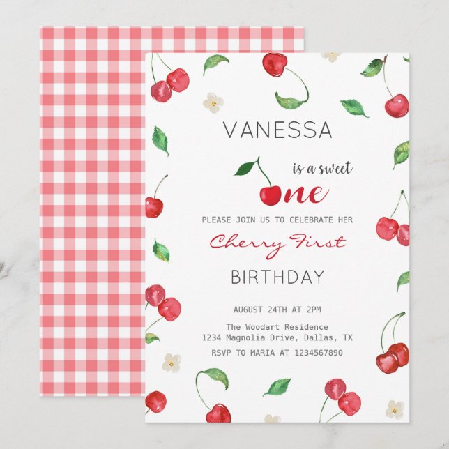 Watercolor Cherry Girl First  Birthday Invitation (Front/Back)