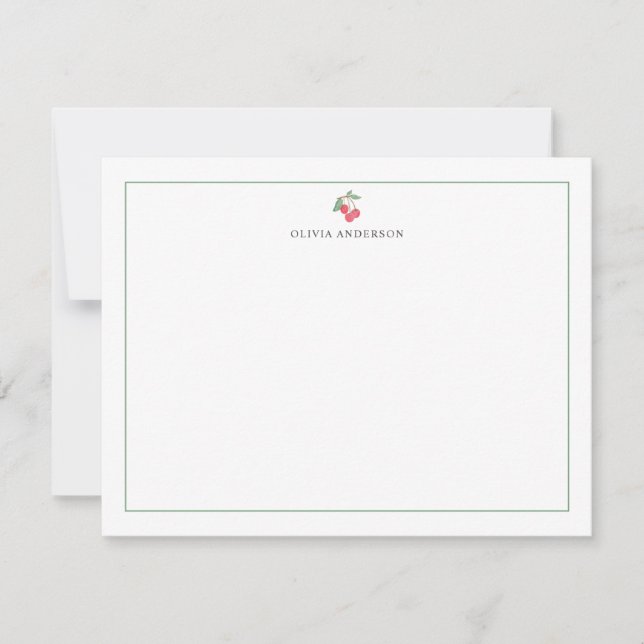 Watercolor Cherry Green Border Personalized Note Card (Front)