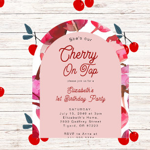 Watercolor Cherry On Top First 1st Birthday Arch Invitation