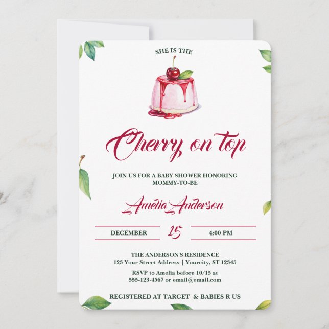 Watercolor Cherry on Top Pink Red Baby shower Invitation (Front)