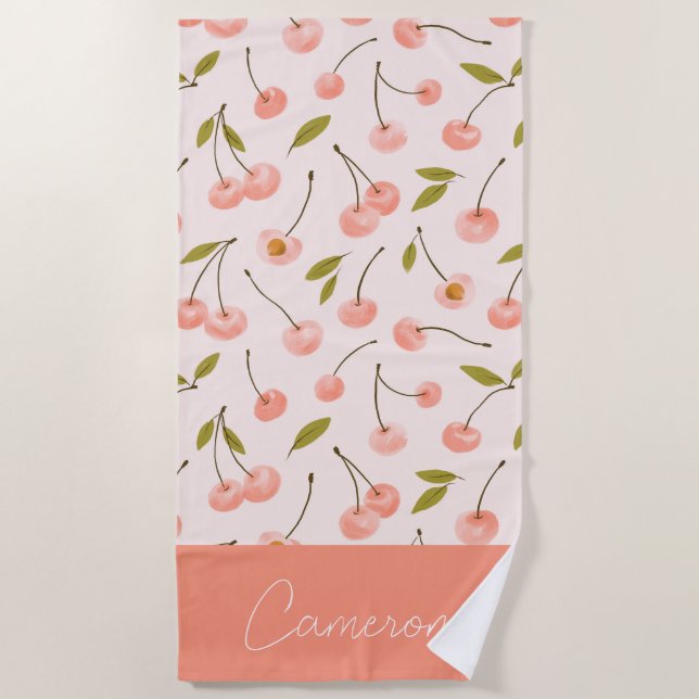 Watercolor Cherry Pattern Beach Towel (Front)