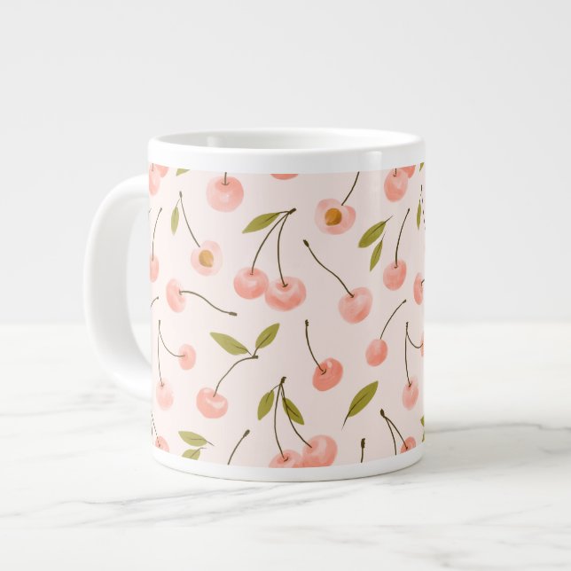 Watercolor Cherry Pattern Giant Coffee Mug (Front Left)
