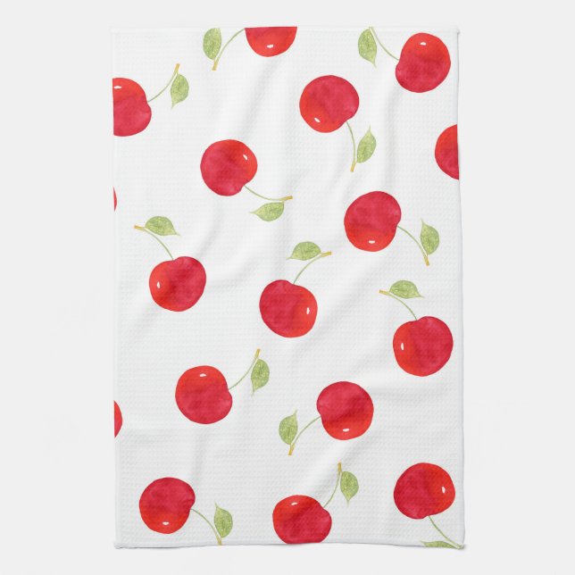 Watercolor Cherry Pattern Kitchen Towel (Vertical)