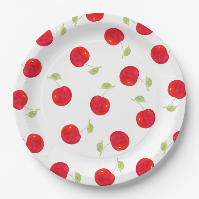 Watercolor Cherry Pattern Paper Plates (Front)