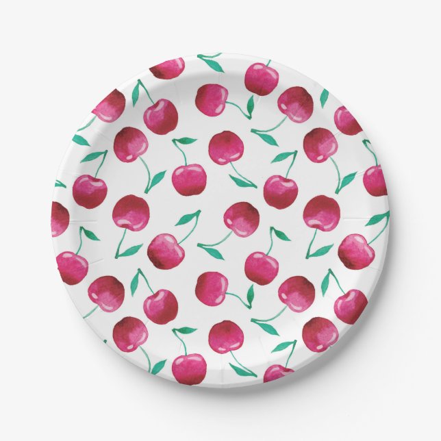 Watercolor Cherry Pattern Paper Plates (Front)