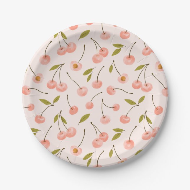 Watercolor Cherry Pattern Paper Plates (Front)