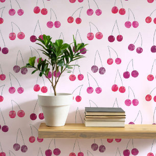 Watercolor Cherry Pattern Pink Wallpaper