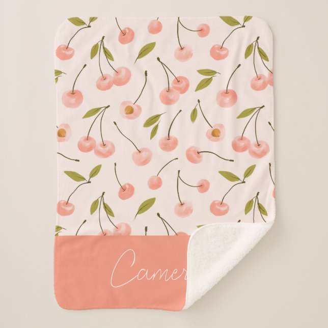 Watercolor Cherry Pattern Sherpa Blanket (Front)