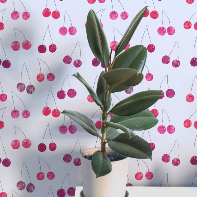 Watercolor Cherry Pattern Wallpaper (Sweet watercolor cherry pattern art wallpaper In blue)