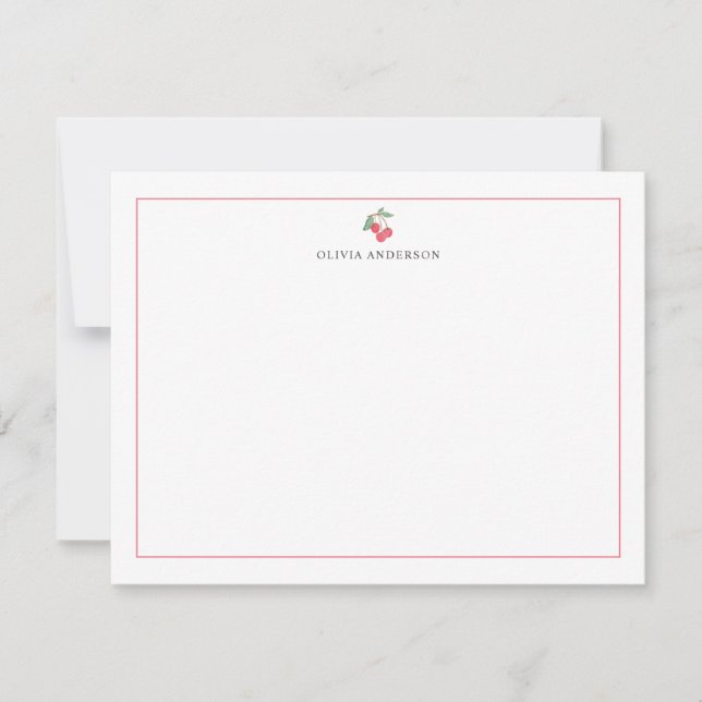 Watercolor Cherry Red Border Personalized Note Card (Front)