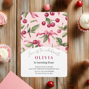 Watercolor Cherry Red & Pink Kids Birthday Invitation