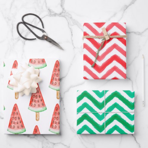 Watercolor Chevron Watermelon Popsicle Wrapping Paper Sheets