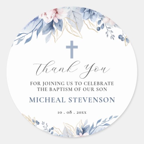 Watercolor Chic Baby Blue Floral Baptism Thank You Classic Round Sticker