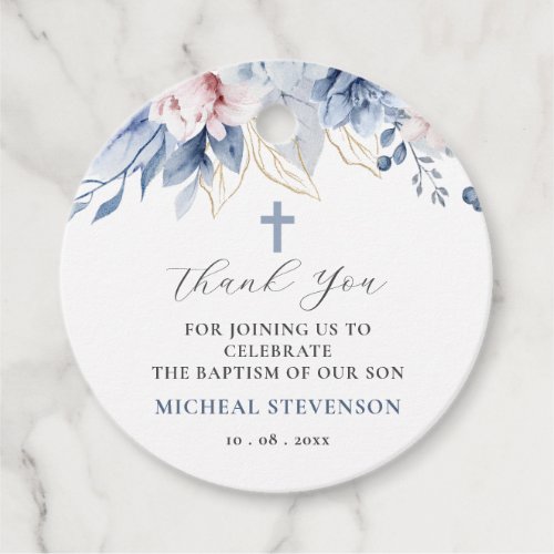 Watercolor Chic Baby Blue Floral Baptism Thank You Favor Tags