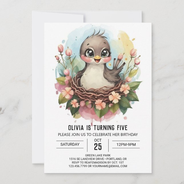 Watercolor Chic Bird Birthday Invitation (Front)