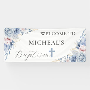 Watercolor Chic Dusty Blue Floral Baby Boy Baptism Banner
