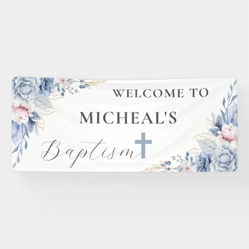 Watercolor Chic Dusty Blue Floral Baby Boy Baptism Banner