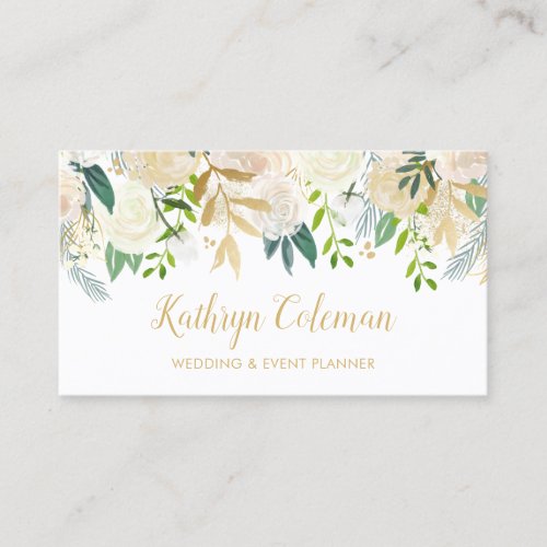 Watercolor Chic Floral Gold Wedding Event Planner Business Card