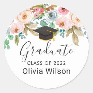 Watercolor Chic Floral Graduate Hat Graduation Classic Round Sticker