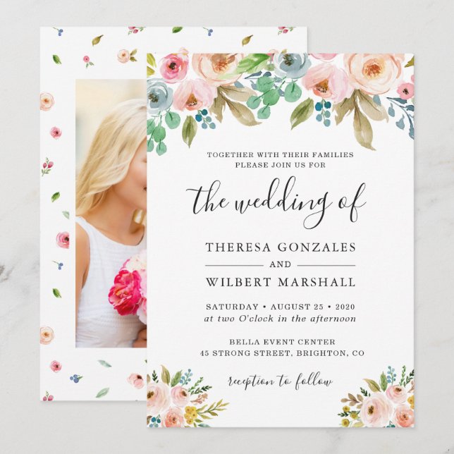 Watercolor Chic Floral Photo Wedding Invitation (Front/Back)