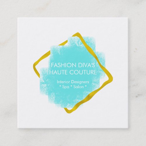 Watercolor chic gold aqua blue frame modern square business card