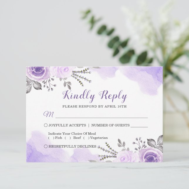 Watercolor Chic Pastel Purple Floral Wedding RSVP Card (Standing Front)