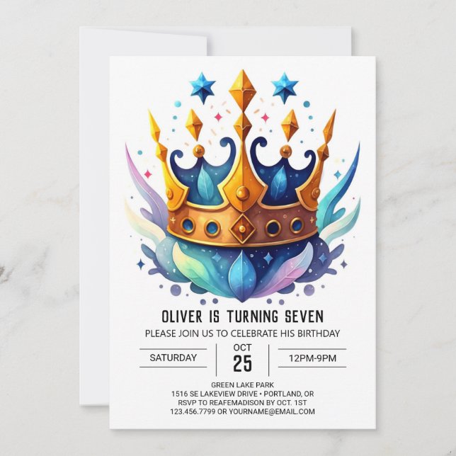 Watercolor Chic Prince Crown Birthday Invitation (Front)