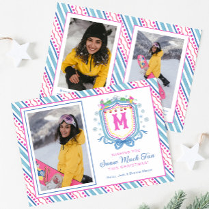 Watercolor Chic Ski Monogram Crest Holiday Card