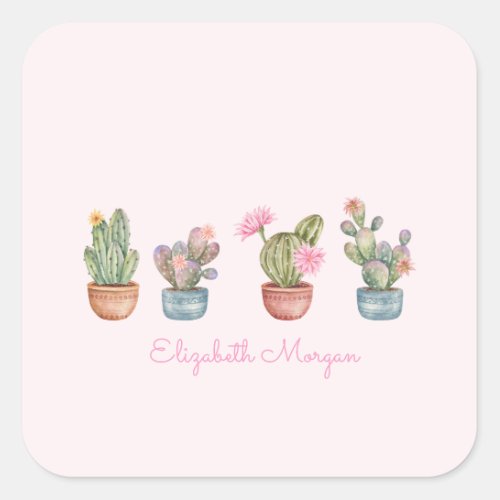 Watercolor Chic Succulents Pink Square Sticker