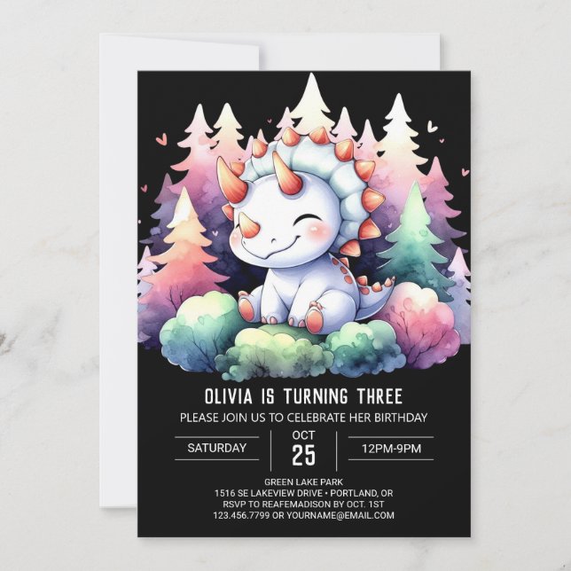Watercolor Chic Triceratops Birthday Invitation (Front)