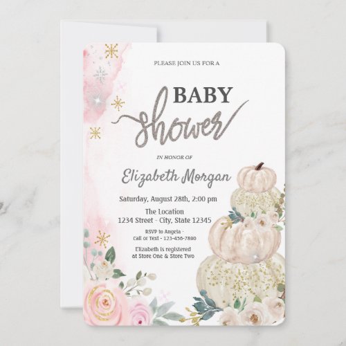 Watercolor Chic White Pumpkins Flowers Baby Shower Invitation