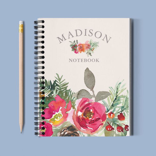 Watercolor Chic Winter Floral Personalized Name Notebook (Creator Uploaded)