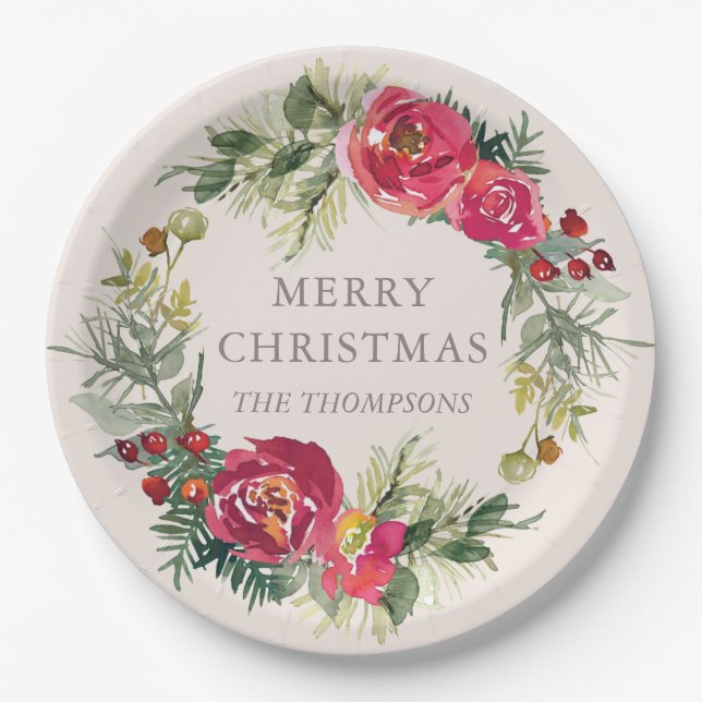 Watercolor Chic Winter Floral Personalized Name Paper Plates (Front)